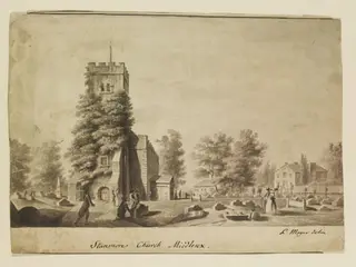Stanmore Church Middlesex, by Luigi Mayer, watercolor, 1800