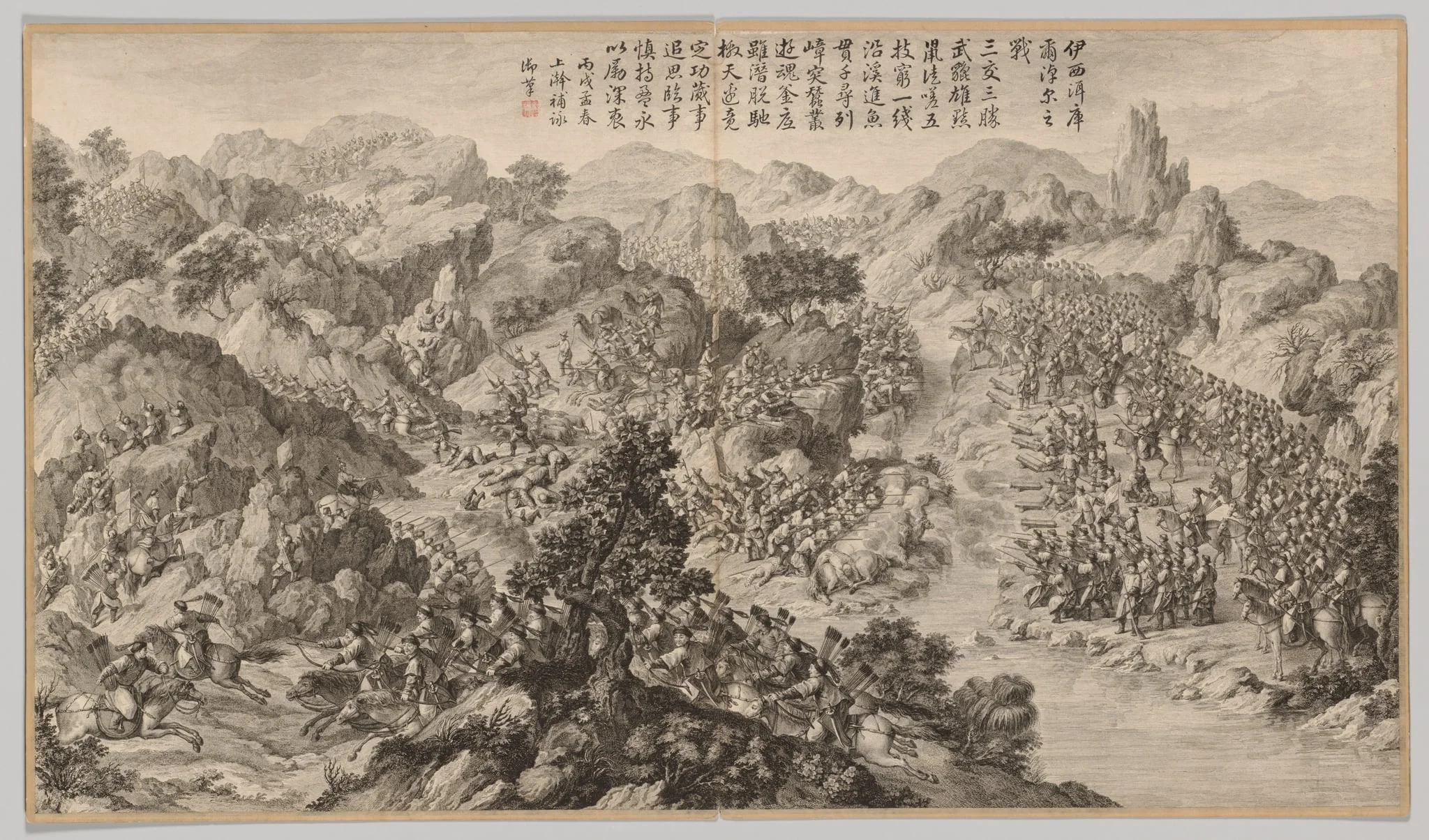Battle at Yixi'er Ku'ernao'er: from Battle Scenes of the Quelling of Rebellions in the Western Regions, with Imperial Poems, detail