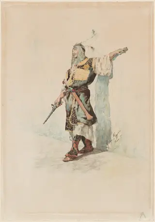 A Moorish Soldier before a Sunlit Wall, by Giuseppe Signorini, graphite, 1878