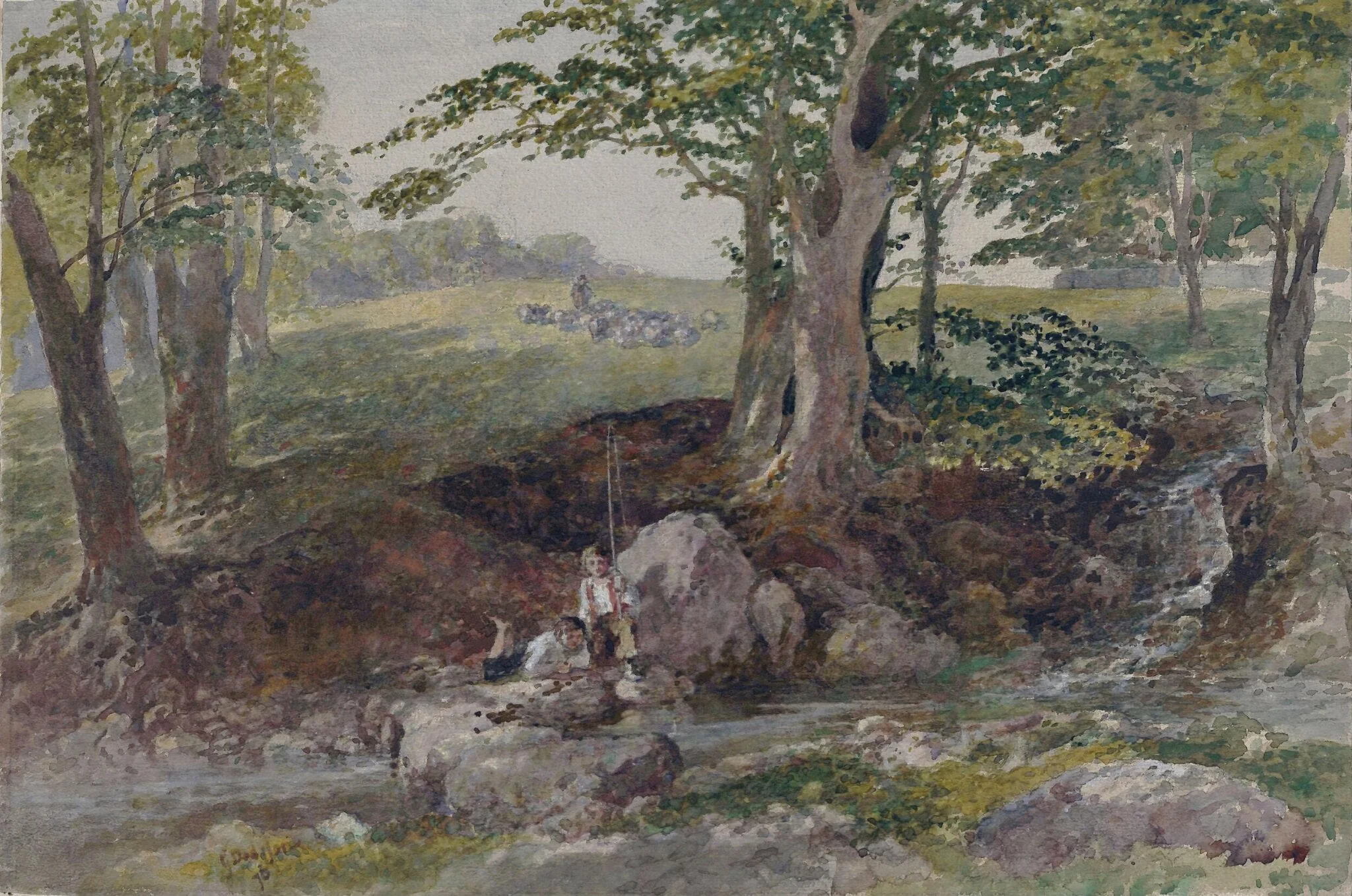 'The Bite', two boys fishing beside a brook, detail