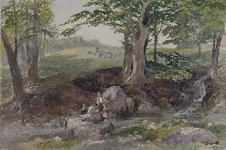 'The Bite', two boys fishing beside a brook, by George Haydock Dodgson, watercolor, 1870