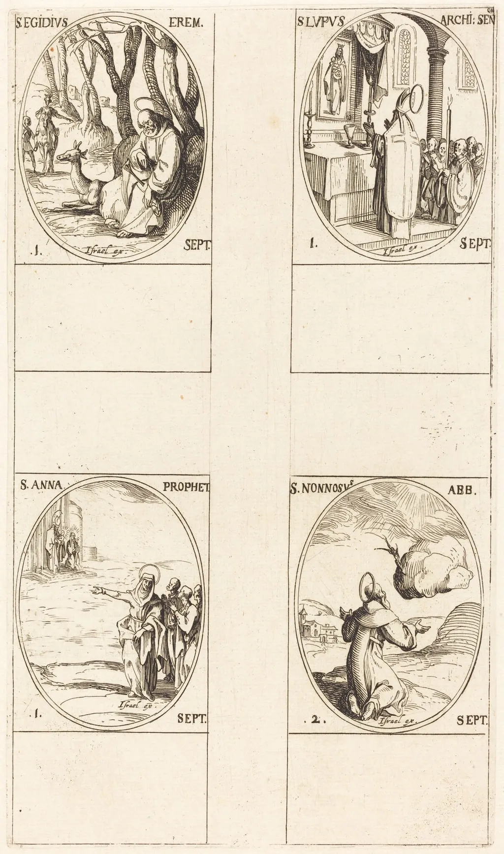 St. Giles; St. Lupus; St. Anne; St. Nonnosus, by Jacques Callot, ink, 1634