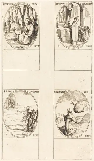 St. Giles; St. Lupus; St. Anne; St. Nonnosus, by Jacques Callot, ink, 1634