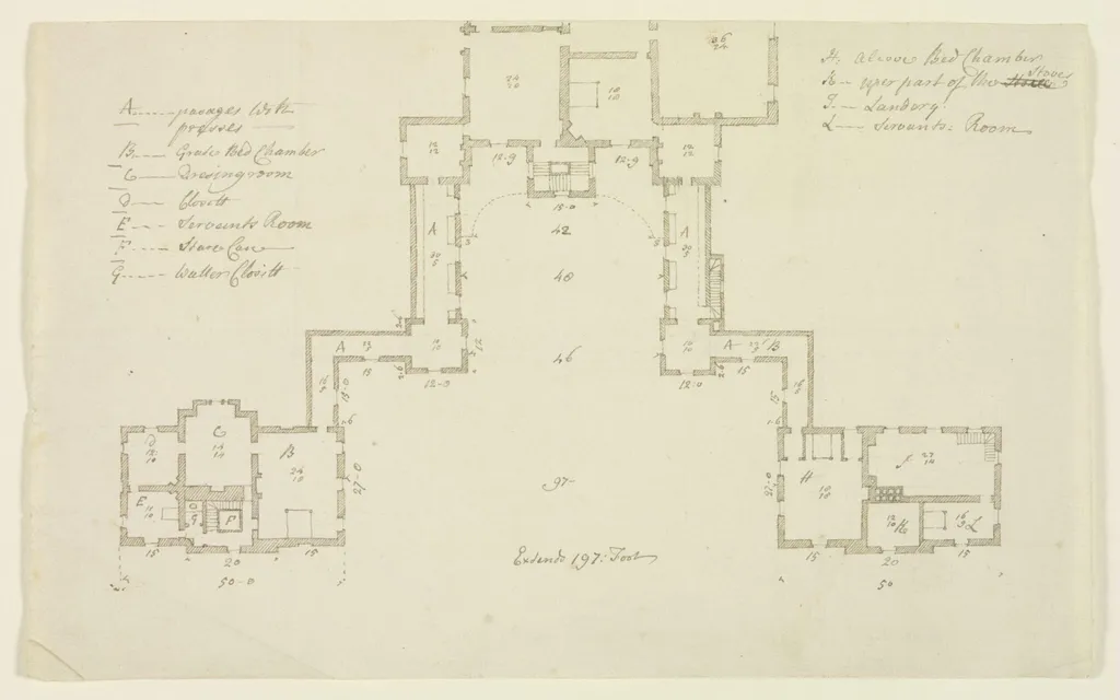 Sketch plan of additions to the North side of Combe Bank., by Roger Morris, 1728