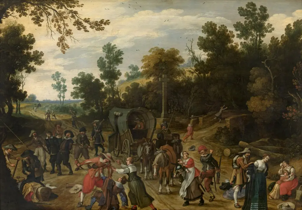 Landschap met overval op reizigers, by Sebastiaen Vrancx, oil, 1620