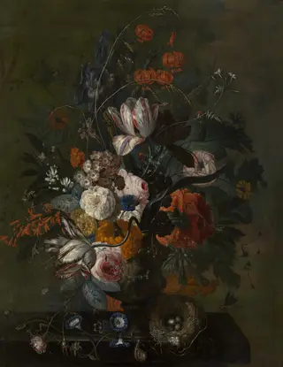 Still Life of flowers in a terracotta vase on a stone plinth, by Jacob van Huysum, oil
