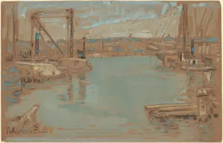 North River Dock, New York, by Childe Hassam, charcoal, 1901