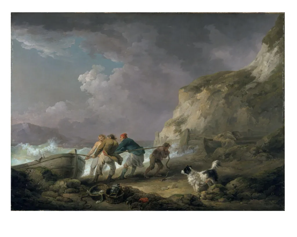 Seashore: Fishermen Hauling in a Boat, by George Morland, oil, 1791