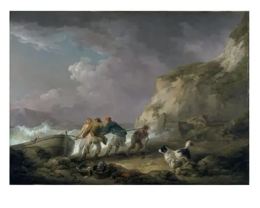 Seashore: Fishermen Hauling in a Boat, by George Morland, oil, 1791