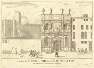 Facciata della Chiesa del'Ospitaletto (plate 33), by Luca Carlevariis, ink, 1703