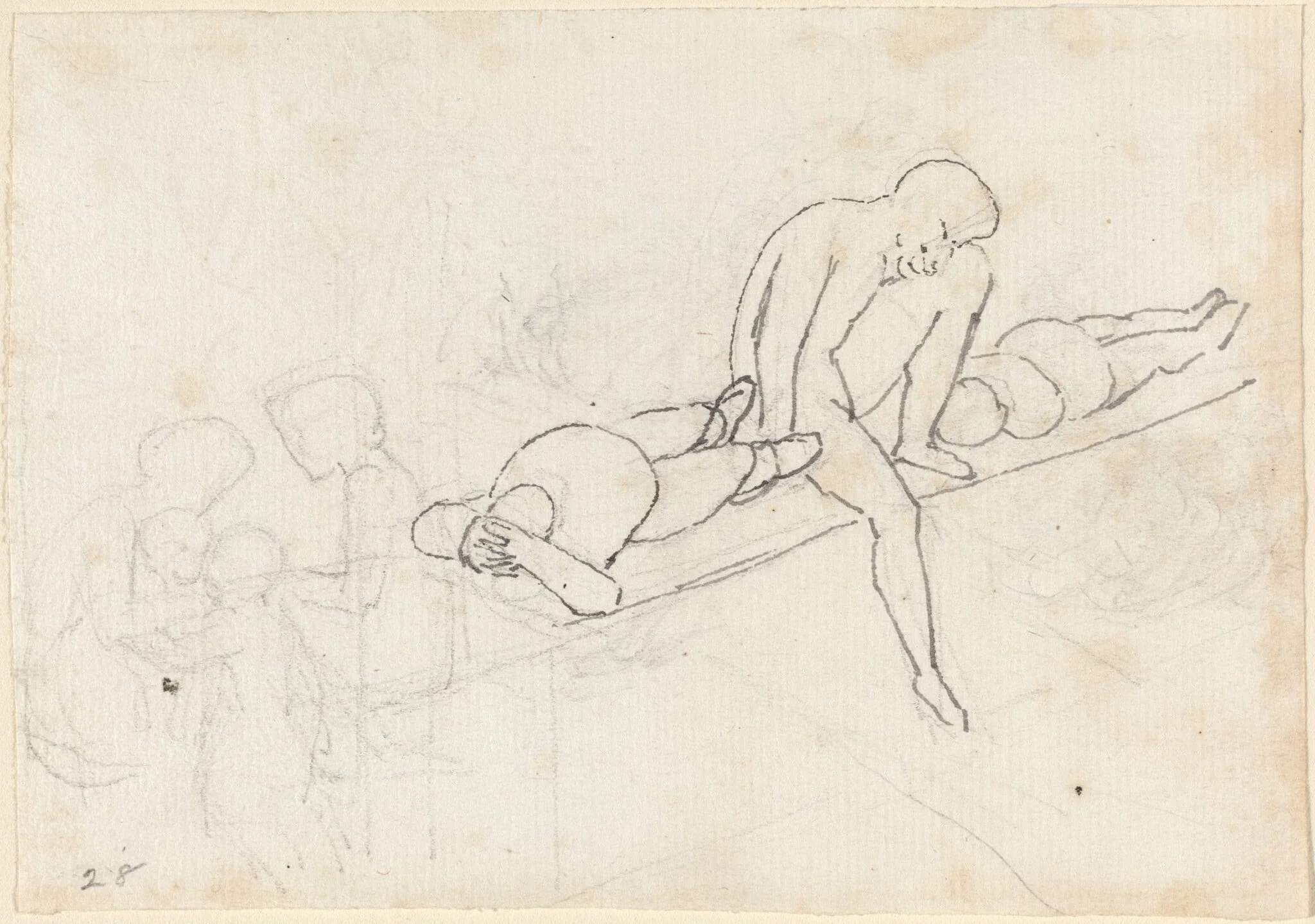 Seated Man Flanked by Two Reclining Figures; Huddle of Figures in Lower Left Corner, detail