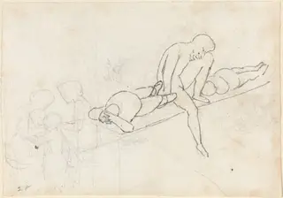 Seated Man Flanked by Two Reclining Figures; Huddle of Figures in Lower Left Corner, by John Flaxman, ink, 1790