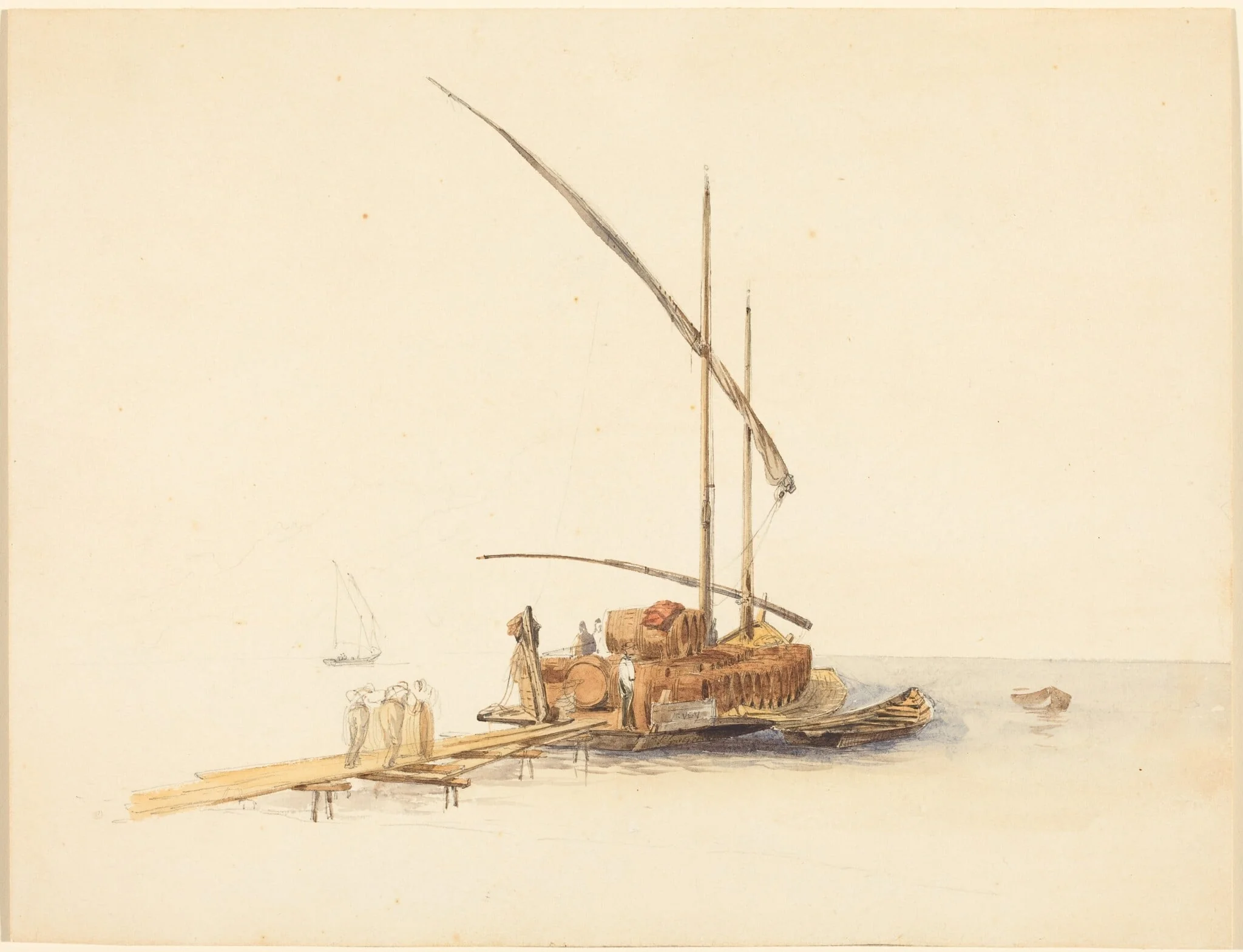 Wine Barrels Loaded onto a Sailing Barge at Vevey, detail