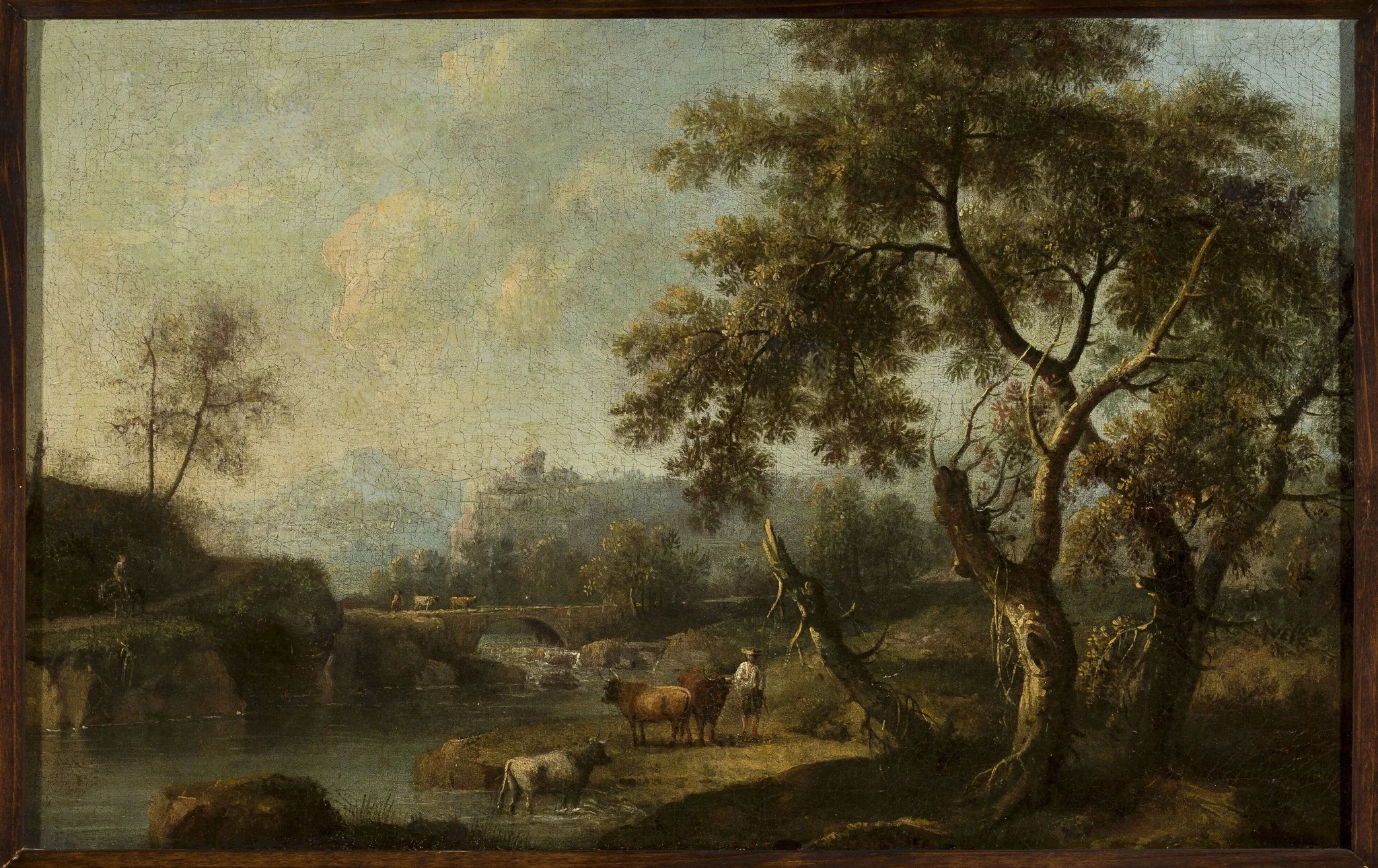 Mountain landscape with cattle at the waterhole, detail