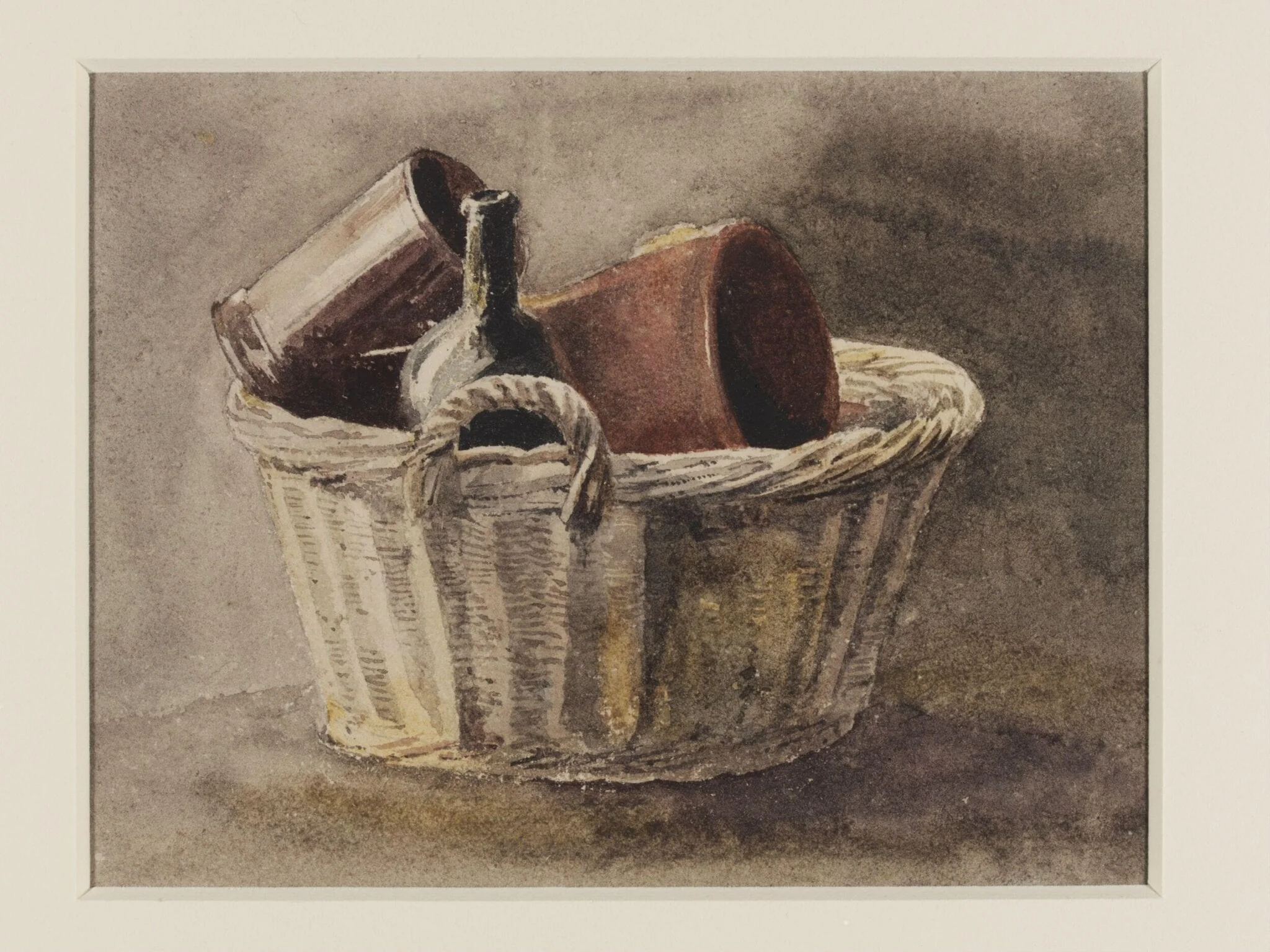 Still life with wicker basket, bottle and two brown vessels, detail