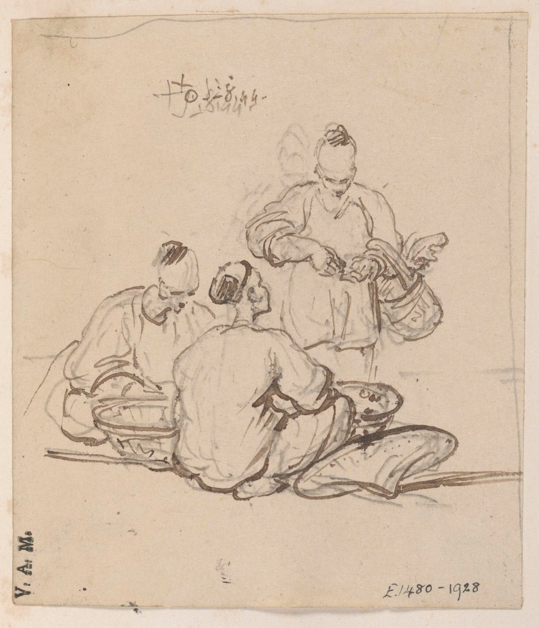 Three Chinese men with baskets, detail