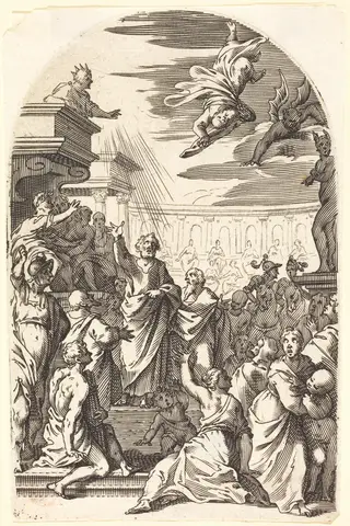 Fall of Simon the Magician, by Jacques Callot, ink, 1610