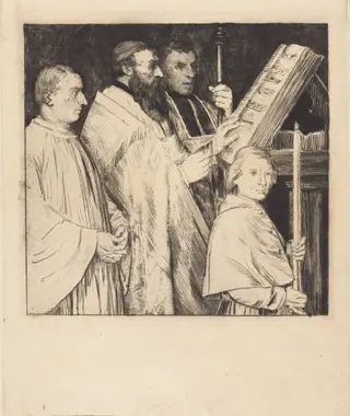Choristers, 1st plate (Le lutrin), by Alphonse Legros, ink, 1874