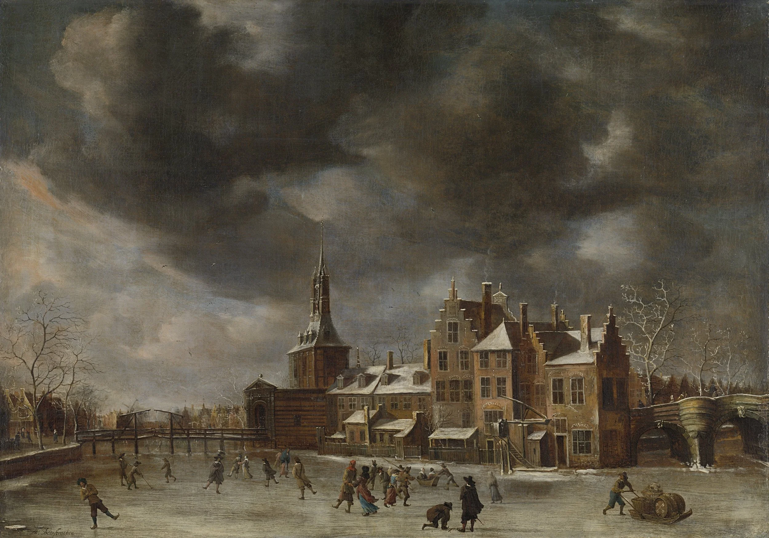 The Blauwpoort in Leiden in the winter, detail