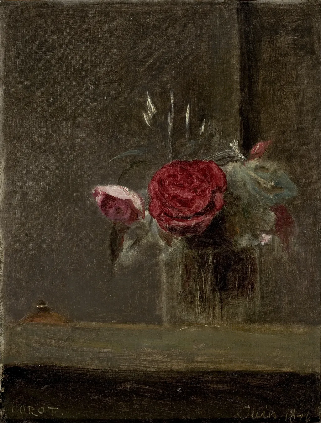 Roses in a Glass, by Jean Baptiste Camille Corot, oil, 1874