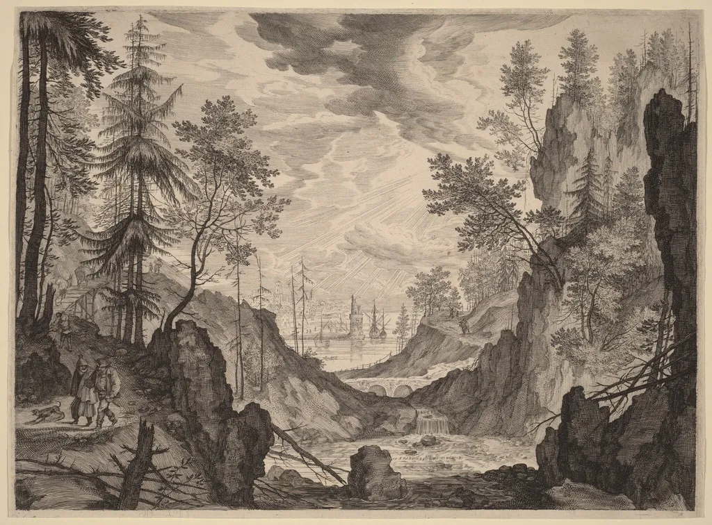 Woodland Scene with a Waterfall, by Aegidius Sadeler II, ink, 1609