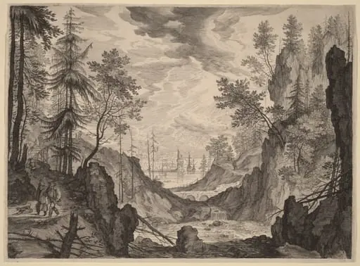 Woodland Scene with a Waterfall, by Aegidius Sadeler II, ink, 1609
