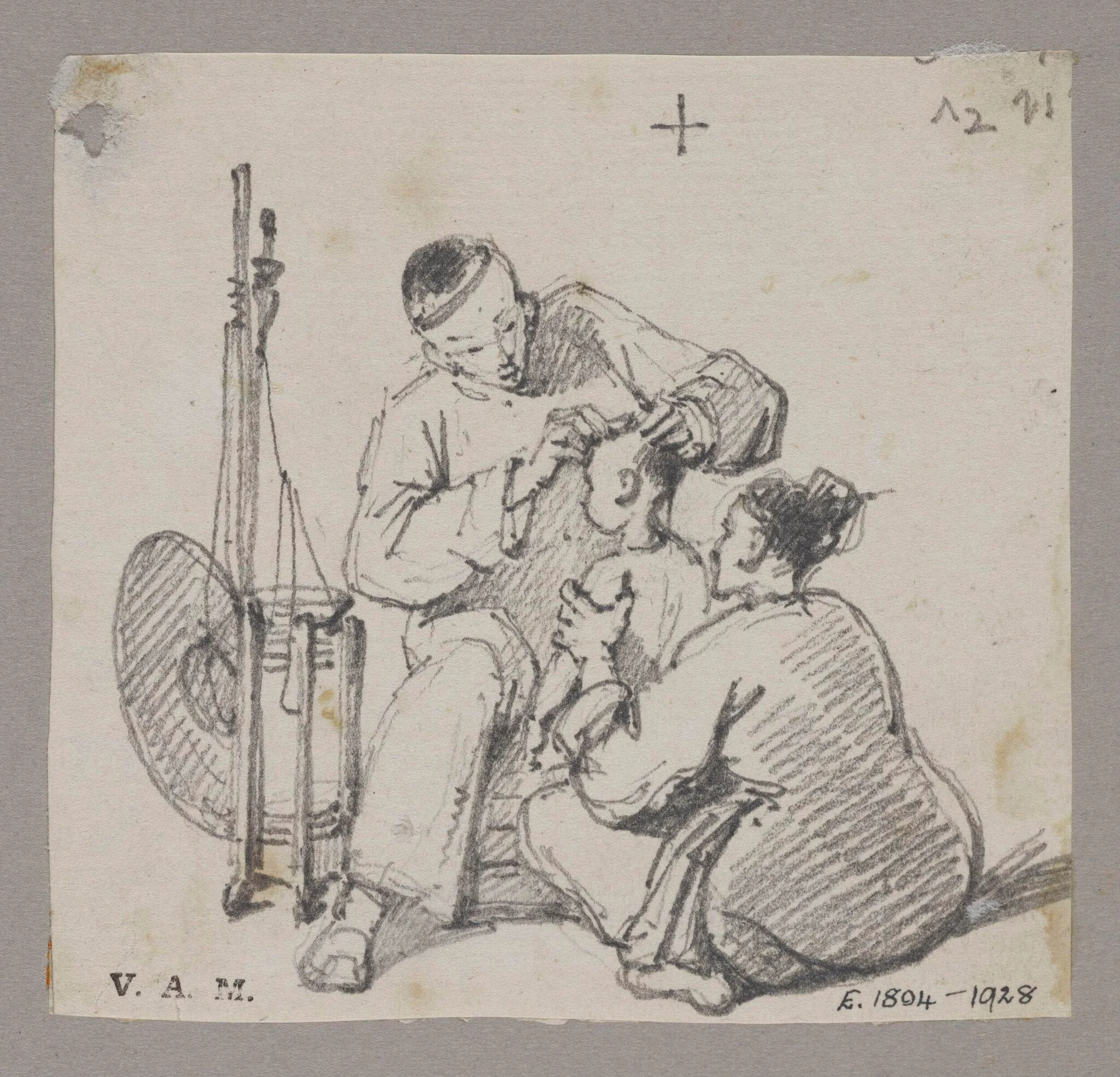 A barber shaving the head of a child, detail