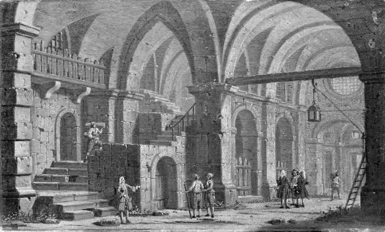 An Architectural Fantasy with Male Figures, detail