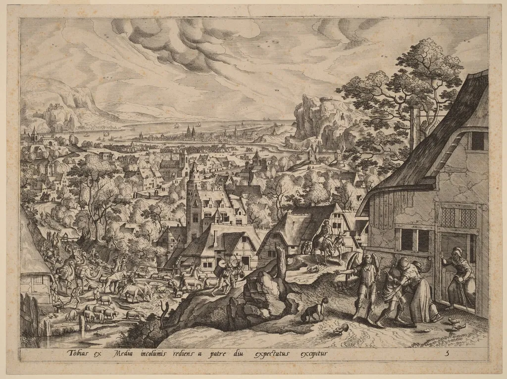 The Homecoming of Tobias, by Johannes van Doetechum the Elder, ink, 1565