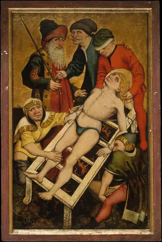 The Martyrdom of Saint Lawrence; (reverse) Giving Drink to the Thirsty, by Master of the Acts of Mercy, unspecified, 1465