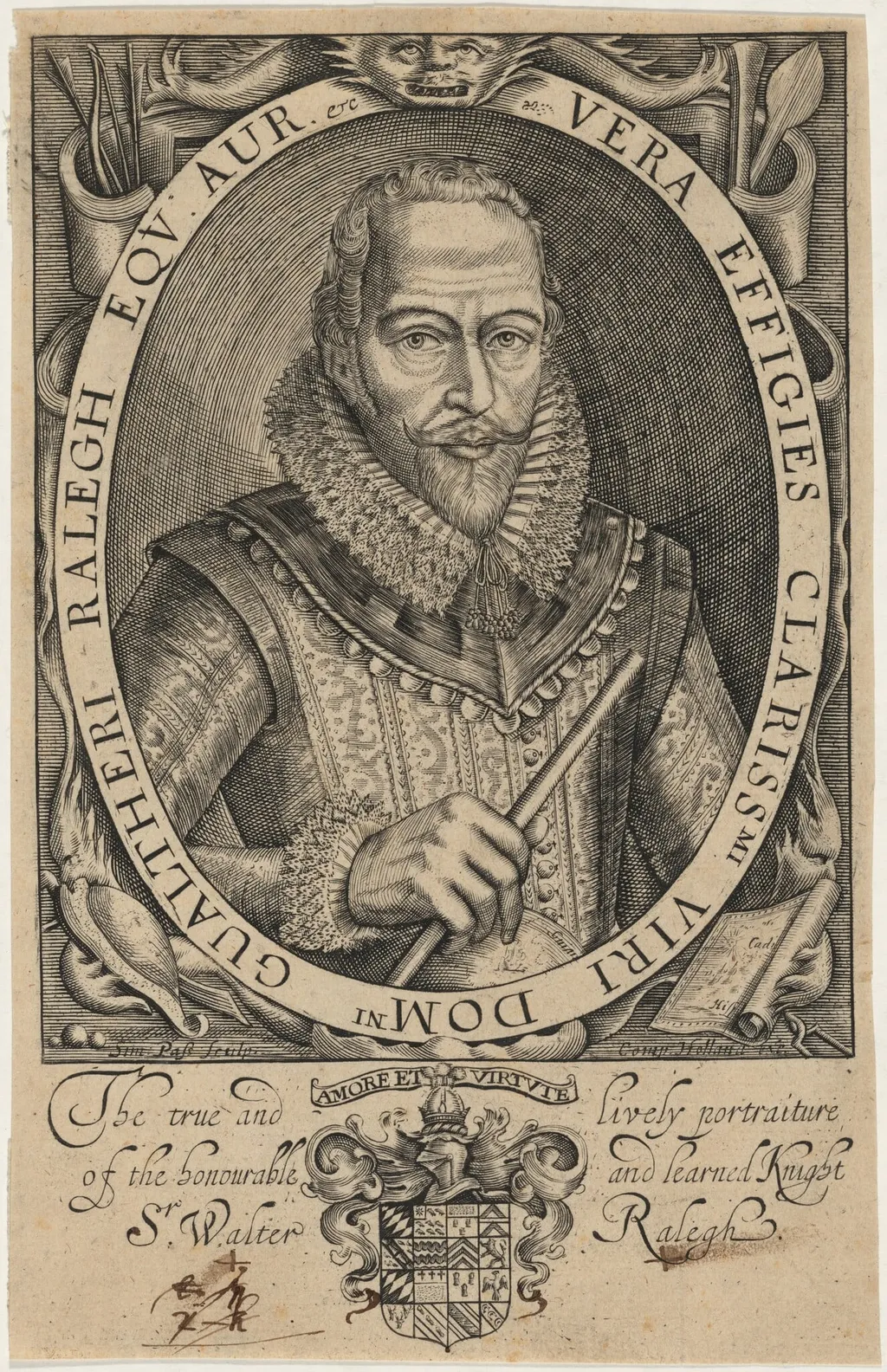 Sir Walter Raleigh, by Simon van de Passe, ink, 1634