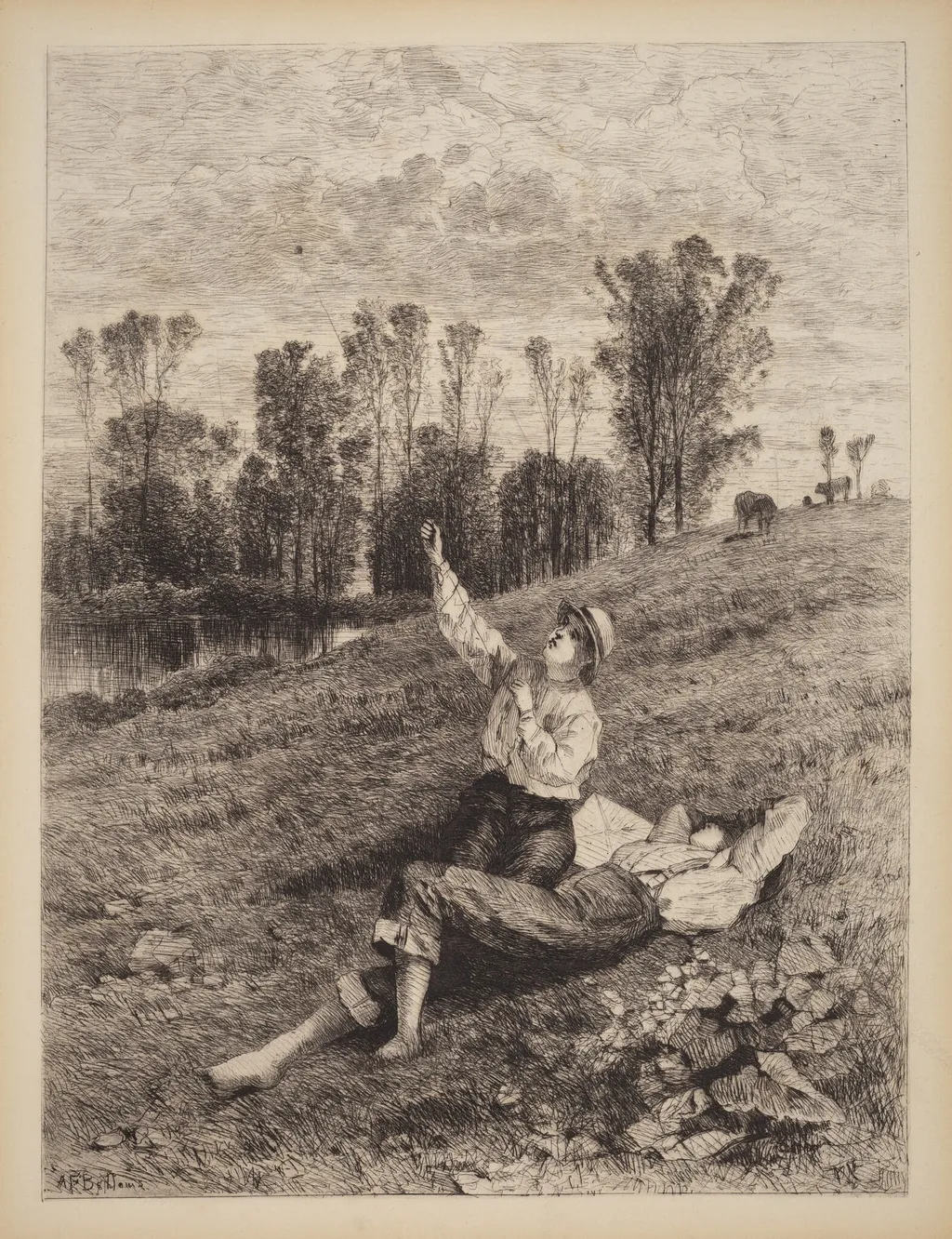 Untitled (Boys Flying a Kite), by Albert Fitch Bellows, ink, 1875
