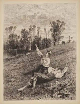 Untitled (Boys Flying a Kite), by Albert Fitch Bellows, ink, 1875