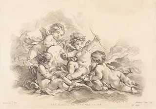 Four Cherubs at Target Practice, by Gilles Demarteau the Elder, chalk, 1749