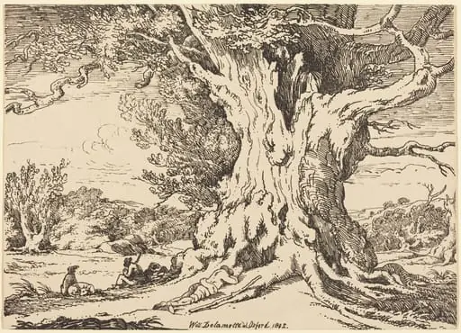 Resting, Men and Dogs under a Big Tree, by William Alfred Delamotte, ink, 1802