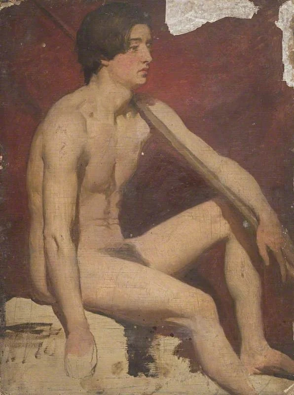 Life Study of a Seated Male Nude Holding a Staff, detail