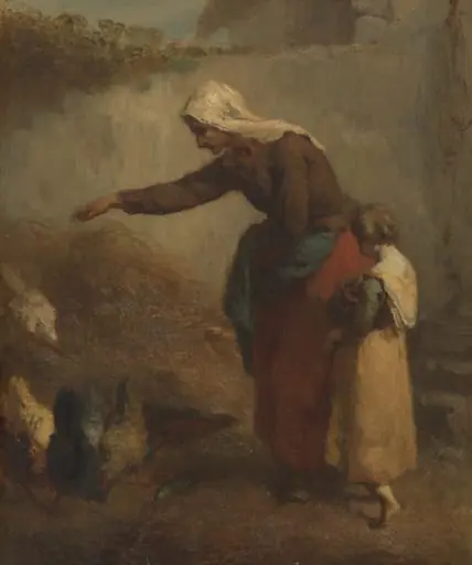 Woman Feeding Chickens, by Jean François Millet, oil, 1847