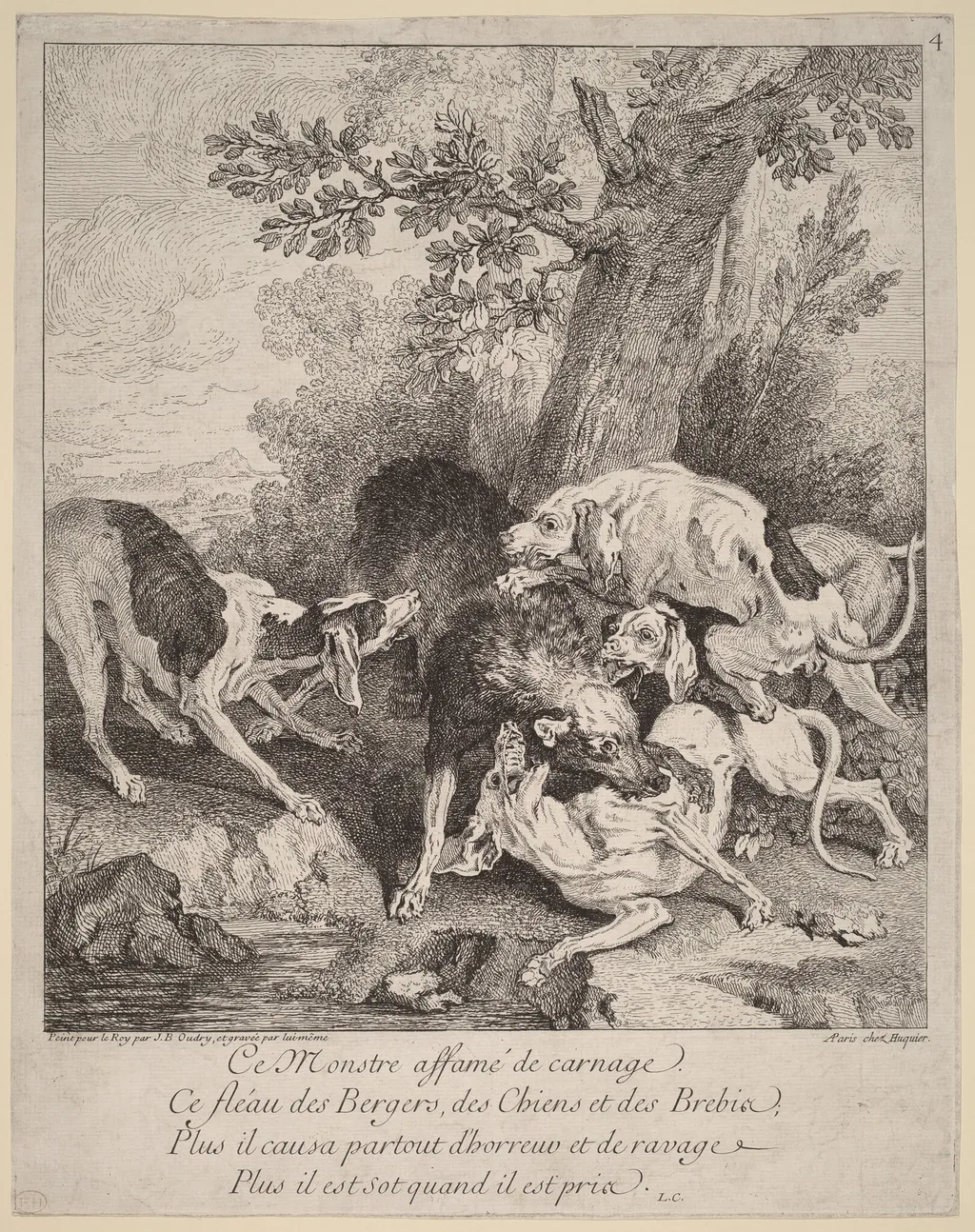 A Wolf Attacked by Dogs, by Jean-Baptiste Oudry, ink, 1725