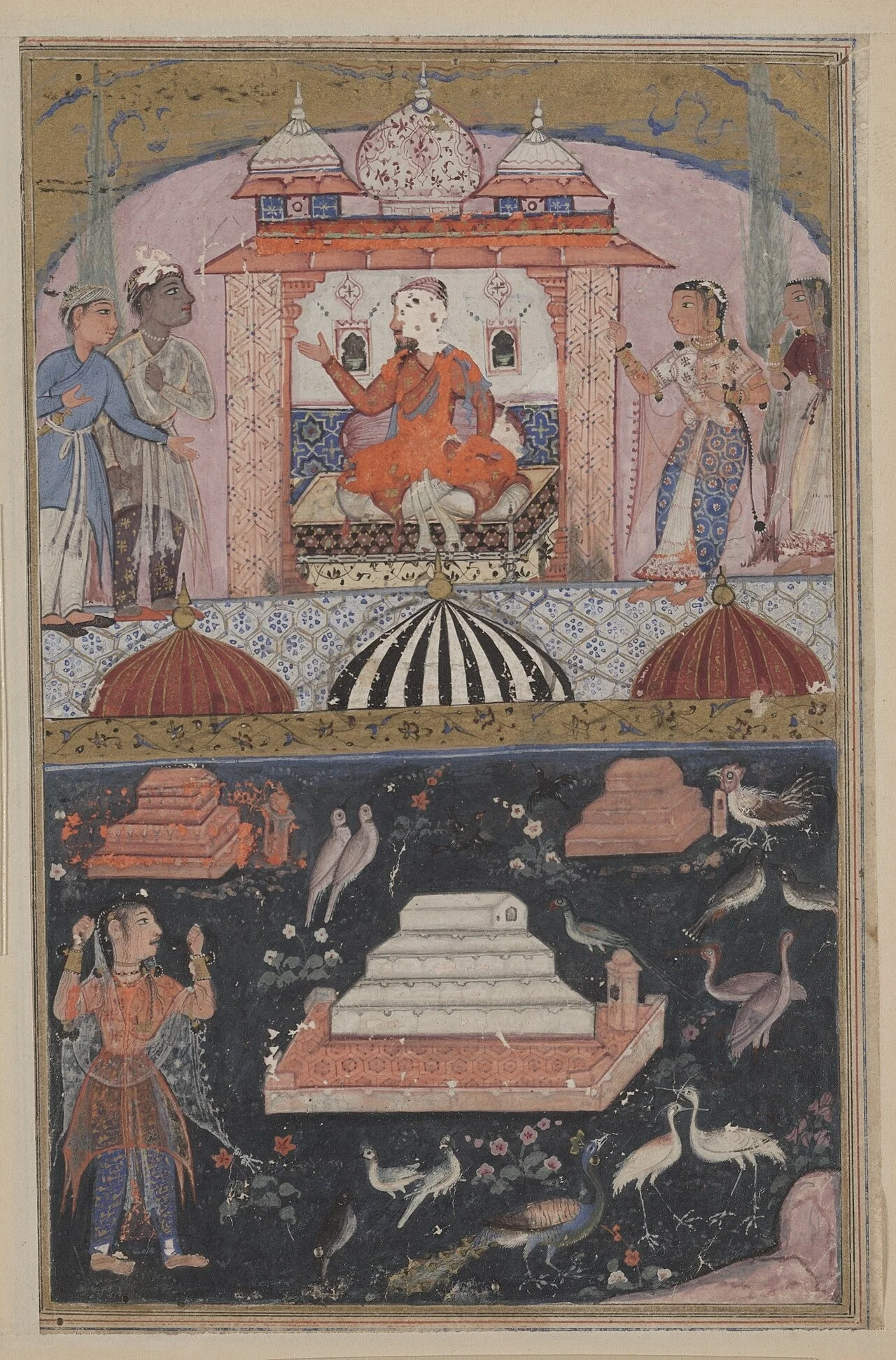 The merchant hears of his wife’s unfaithfulness (above); the unfaithful wife performs penance by plucking her hair (below), from a Tuti-nama (Tales of a Parrot): First Night, detail