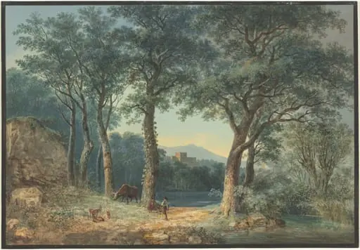 A Wooded Lakeside with an Italianate Villa, by Ludwig Hess, gouache, 1796