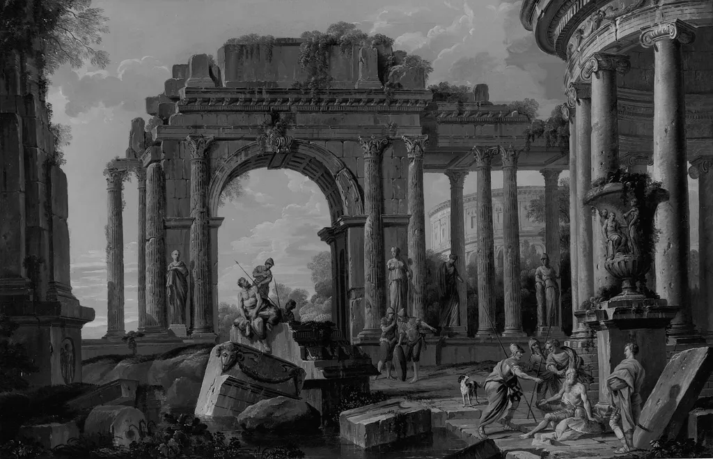Architectural Landscape with Belisarius Receiving Alms, by French School, oil, 1760