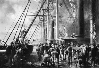 Making the Splice between the Shore End and the Ocean Cable, by Robert Charles Dudley, oil, 1866