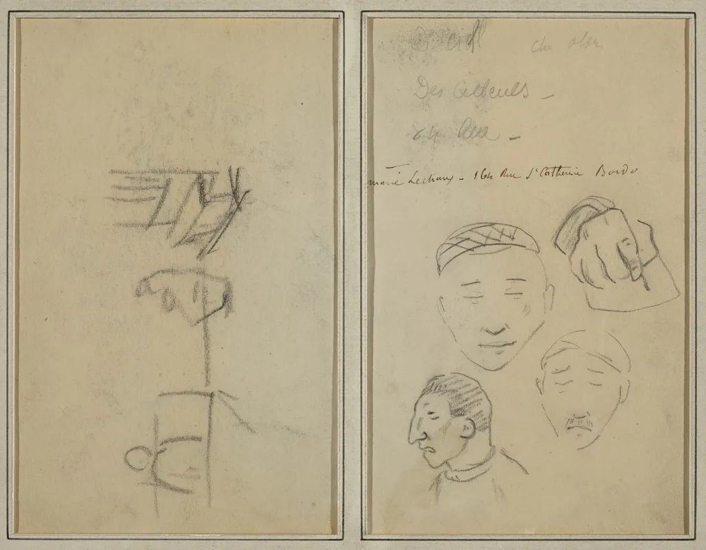 Two Figures and a Bench; Three Studies of Men's Heads and One of a Hand [recto], by Paul Gauguin, ink, 1886