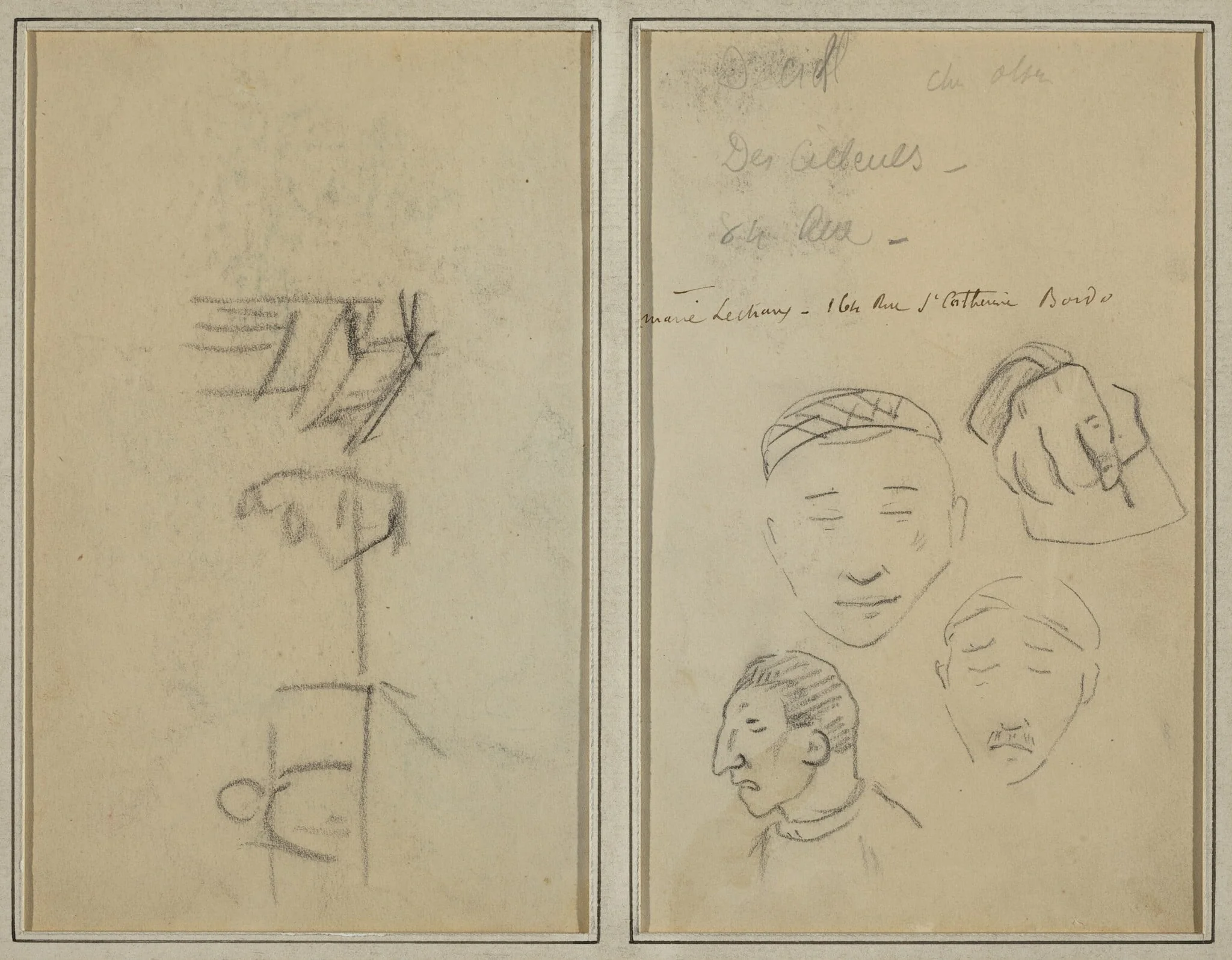 Two Figures and a Bench; Three Studies of Men's Heads and One of a Hand [recto], detail