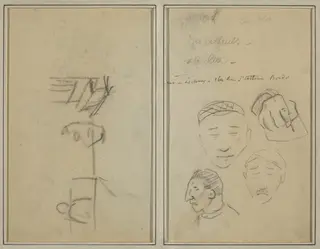Two Figures and a Bench; Three Studies of Men's Heads and One of a Hand [recto], by Paul Gauguin, ink, 1886
