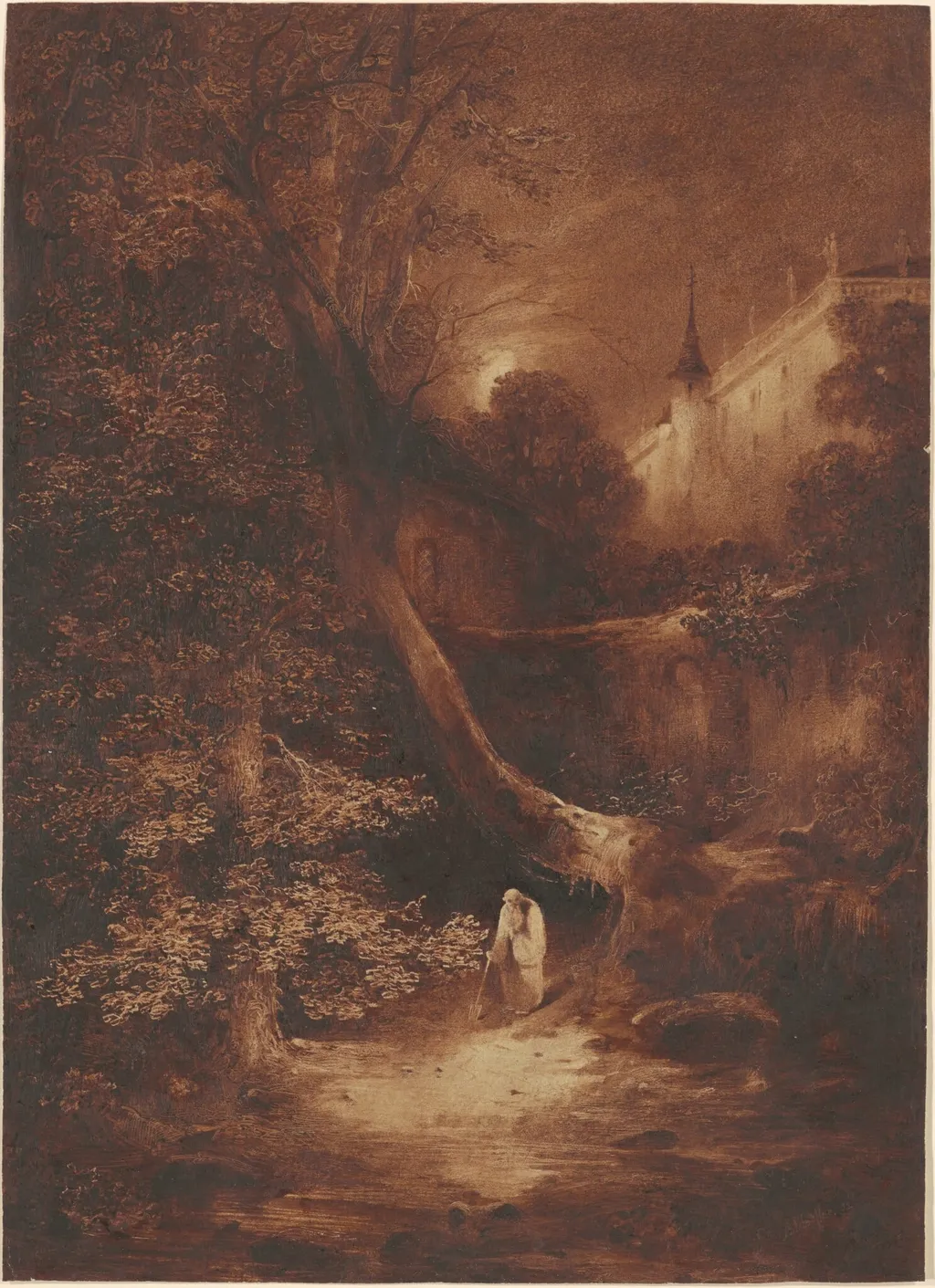 Moonlit Landscape with a Monk Walking near a Palace, by Julius Albert Elsasser, 1852