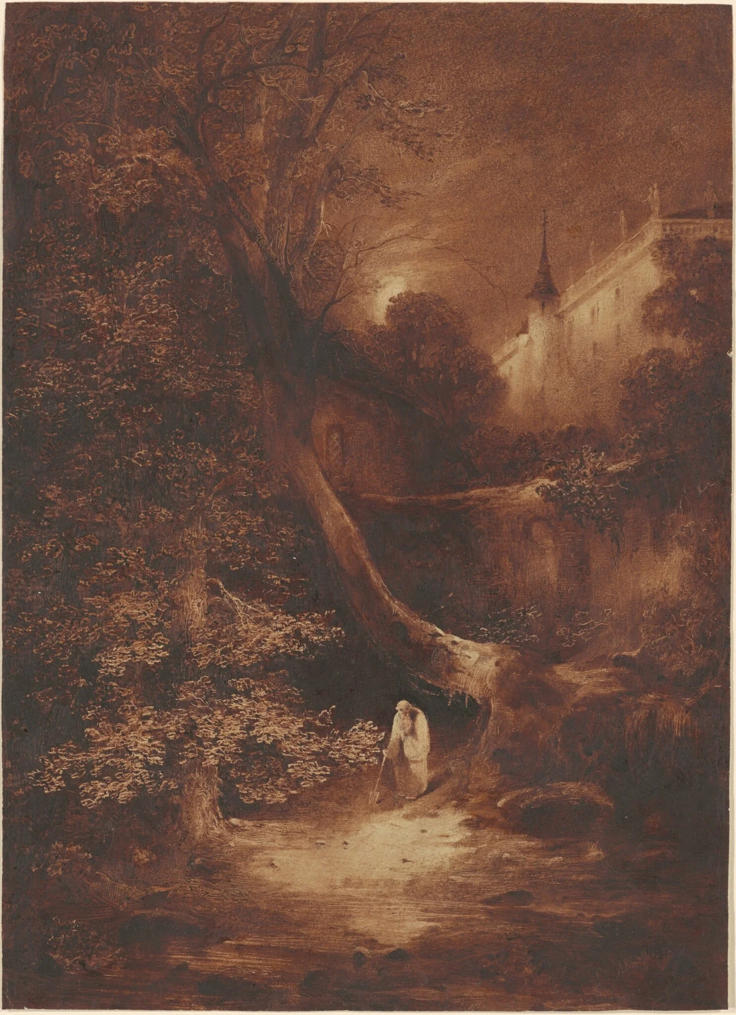Moonlit Landscape with a Monk Walking near a Palace, detail