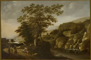 Rhine landscape with a waterfall, by Claes Jansz. van der Willigen, oil, 1663