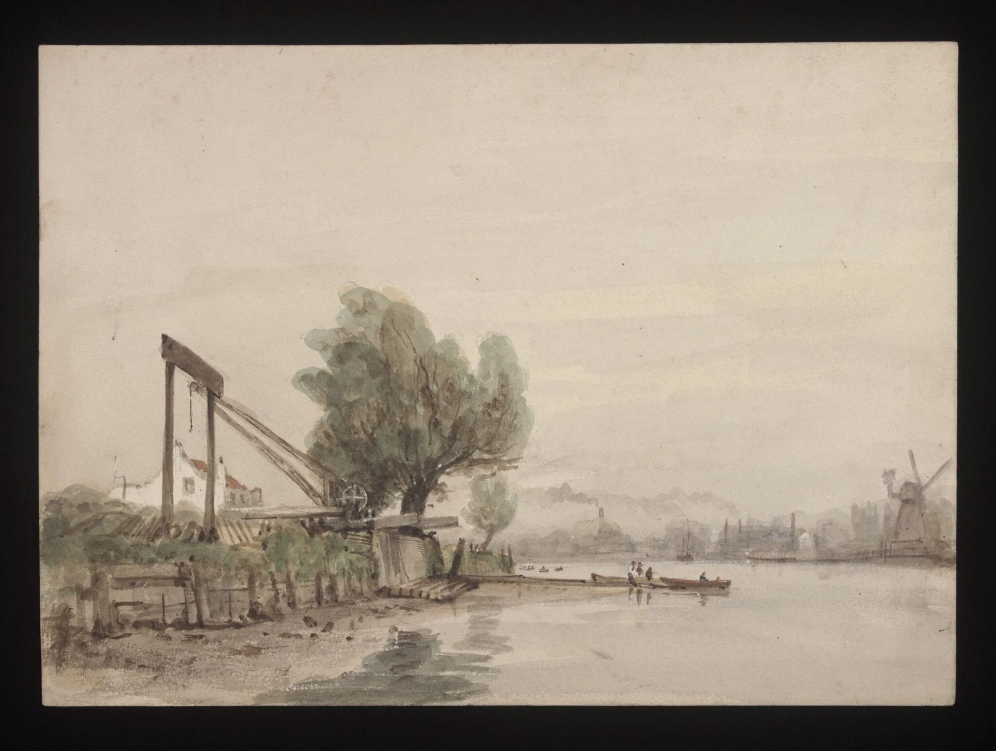 Watercolour drawing by the Grieve family, showing a river scene, detail