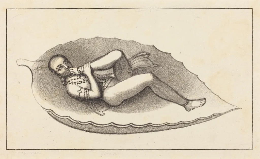 Vishnu, Creating Agent of Brahma, Attitude, the Emblem of Eternity, by Maria Denman, ink, 1829